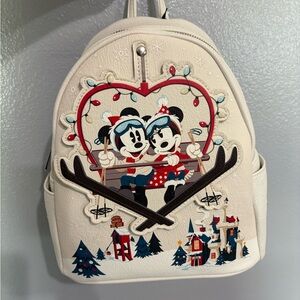 Disney Cream Backpack with Mickey and Minnie Skiing Design